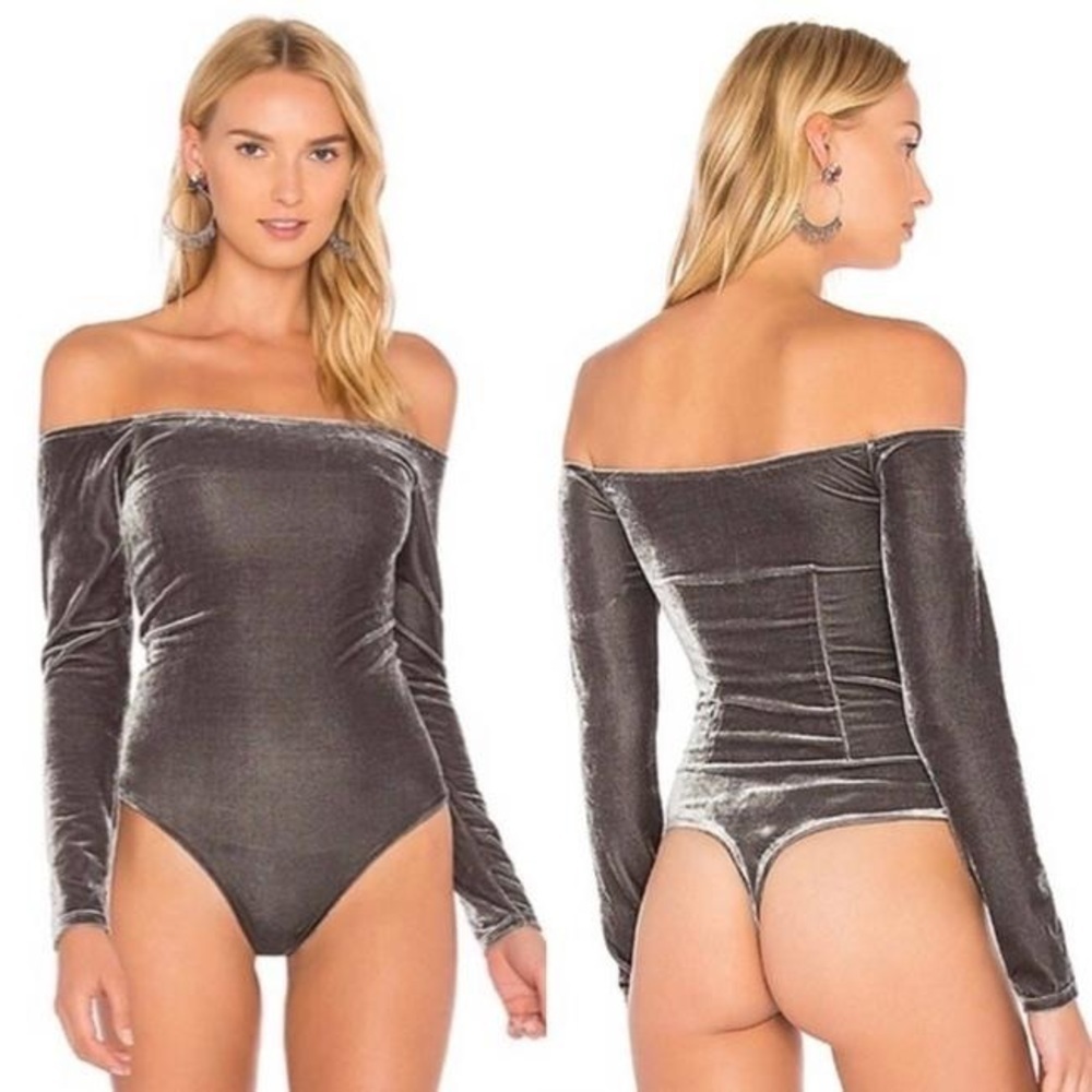 Privacy Please x Revolve Bodysuit Camellia Off The Shoulder Velvet in Ash Gray S